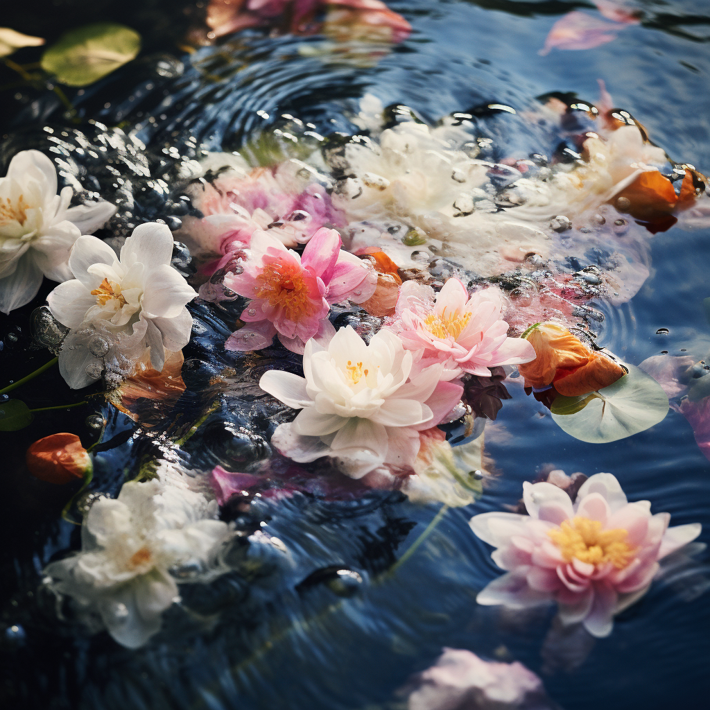 Vibrant flower petals floating in water