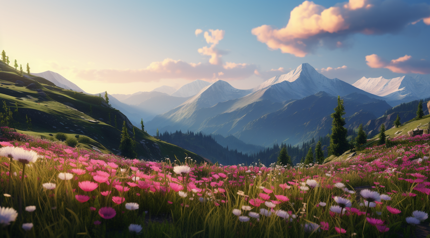 Vivid Flowers and Mountains Scenery Wallpaper