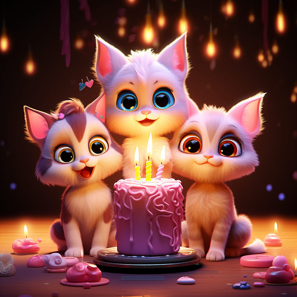 Three cute cats behind birthday cake