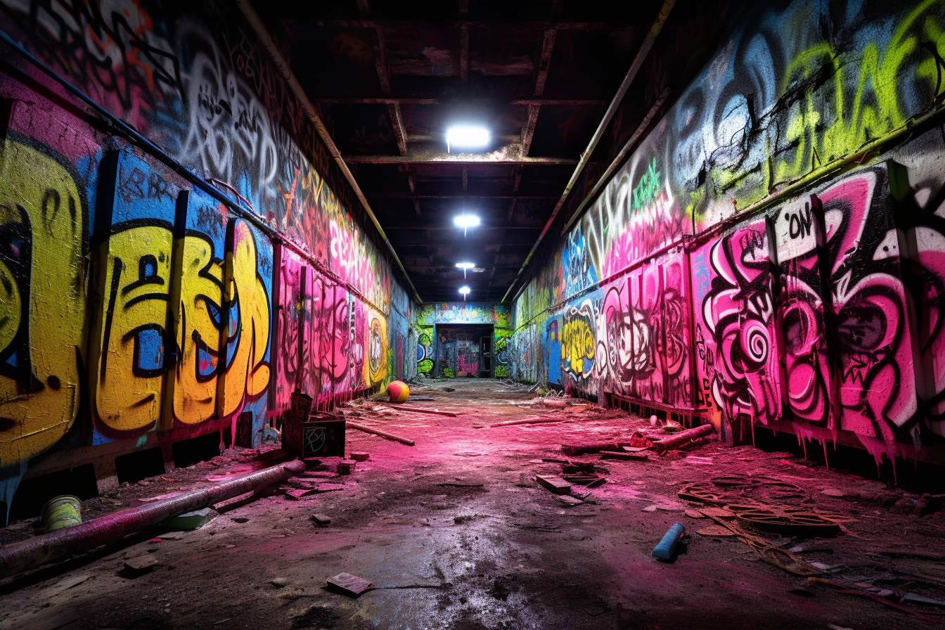 Colorful graffiti on destroyed walls