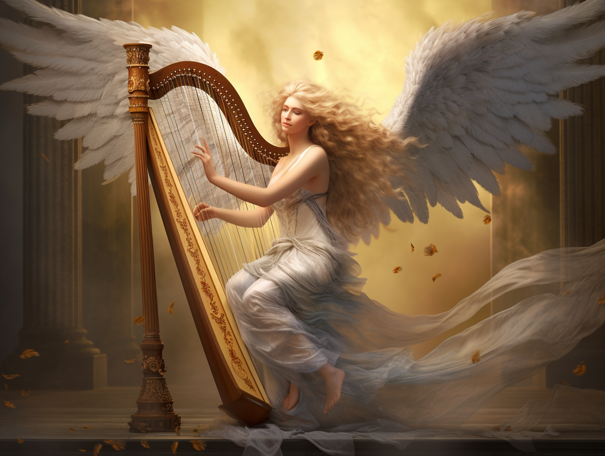 Flying Angel Playing Harp Art