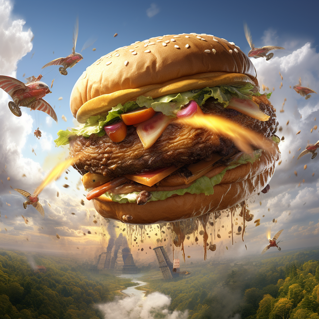 Delicious flying burger in incredible realism.