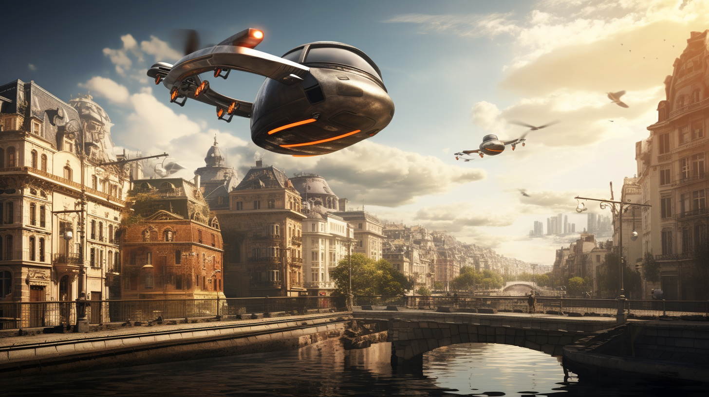 Flying car in cityscape