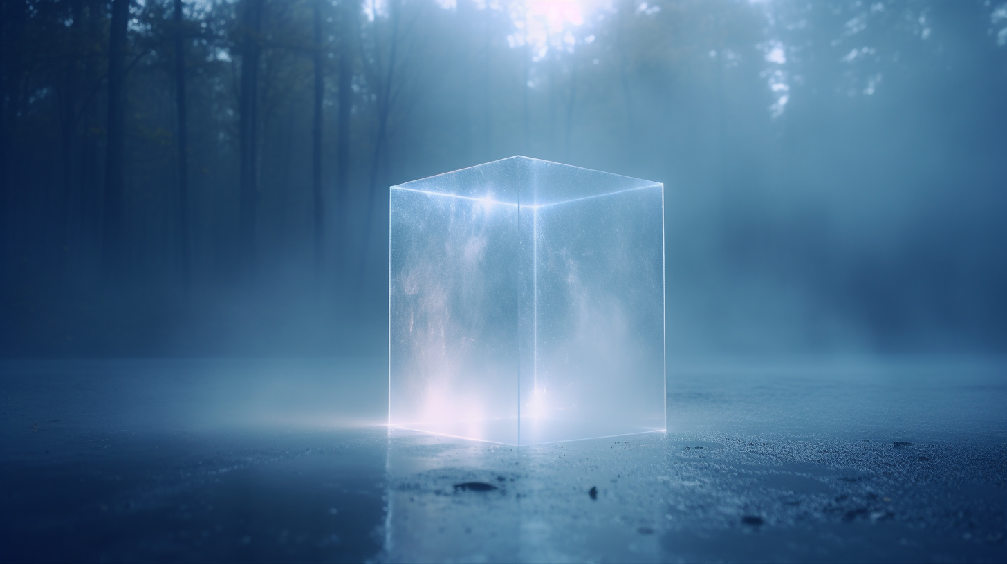 Mysterious glass cube with fog and LED lights