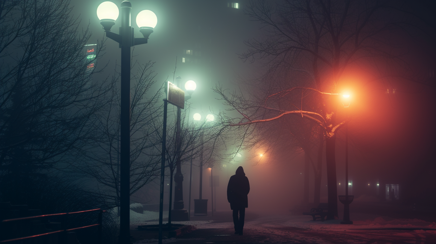 Foggy City Lonely Man Walking