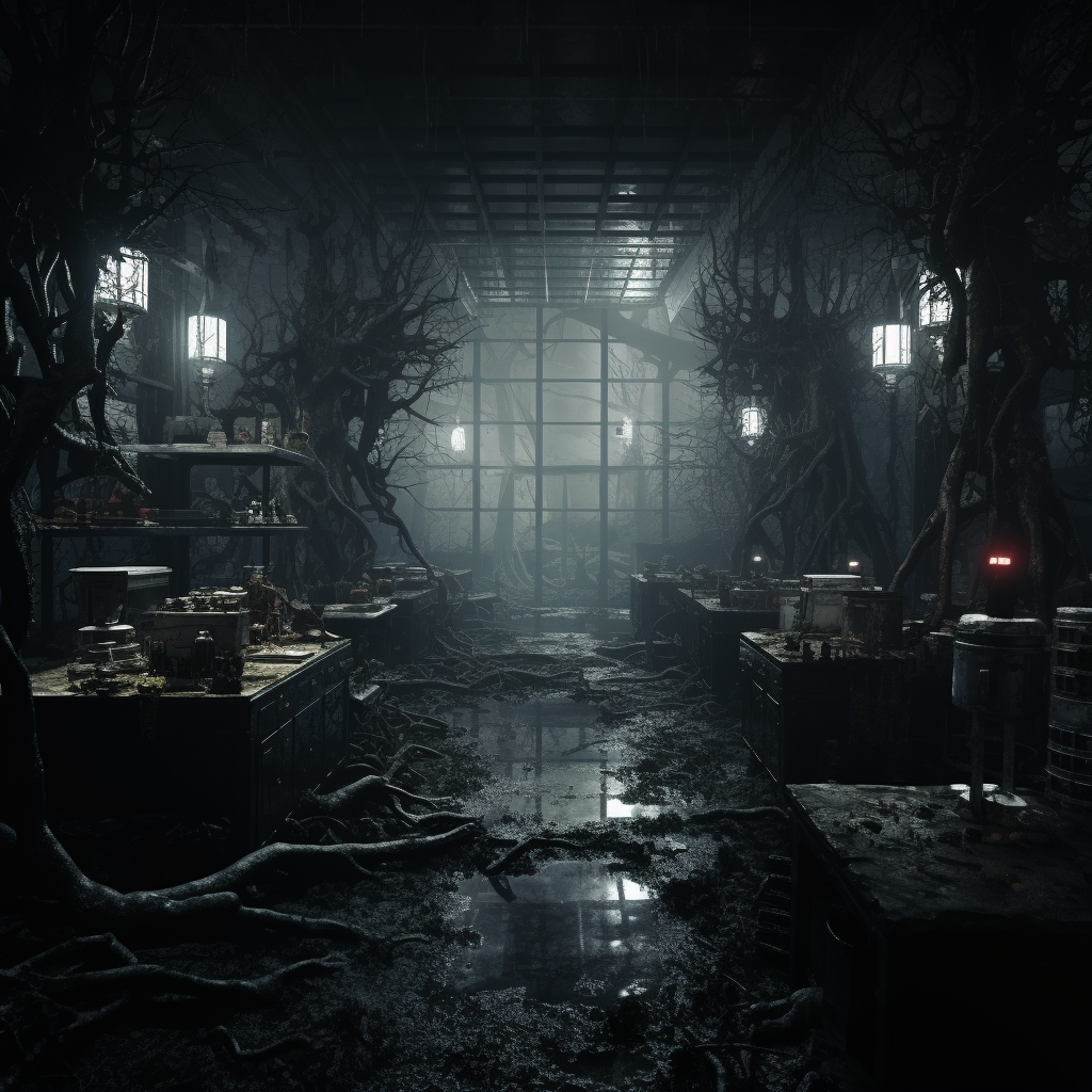 Dark laboratory in foggy dead forest with zombies