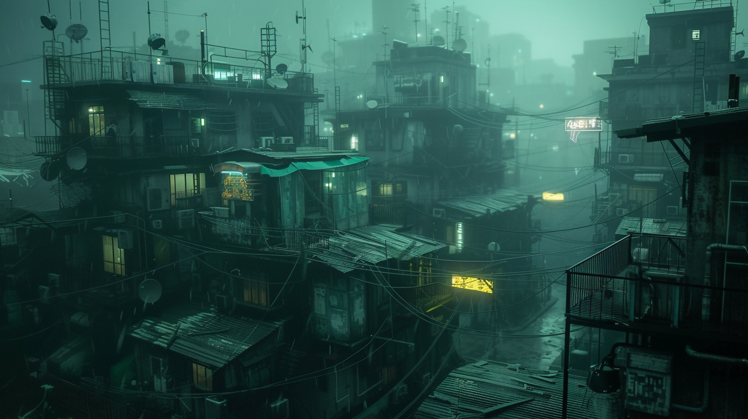 Rowhomes in foggy cyberpunk city