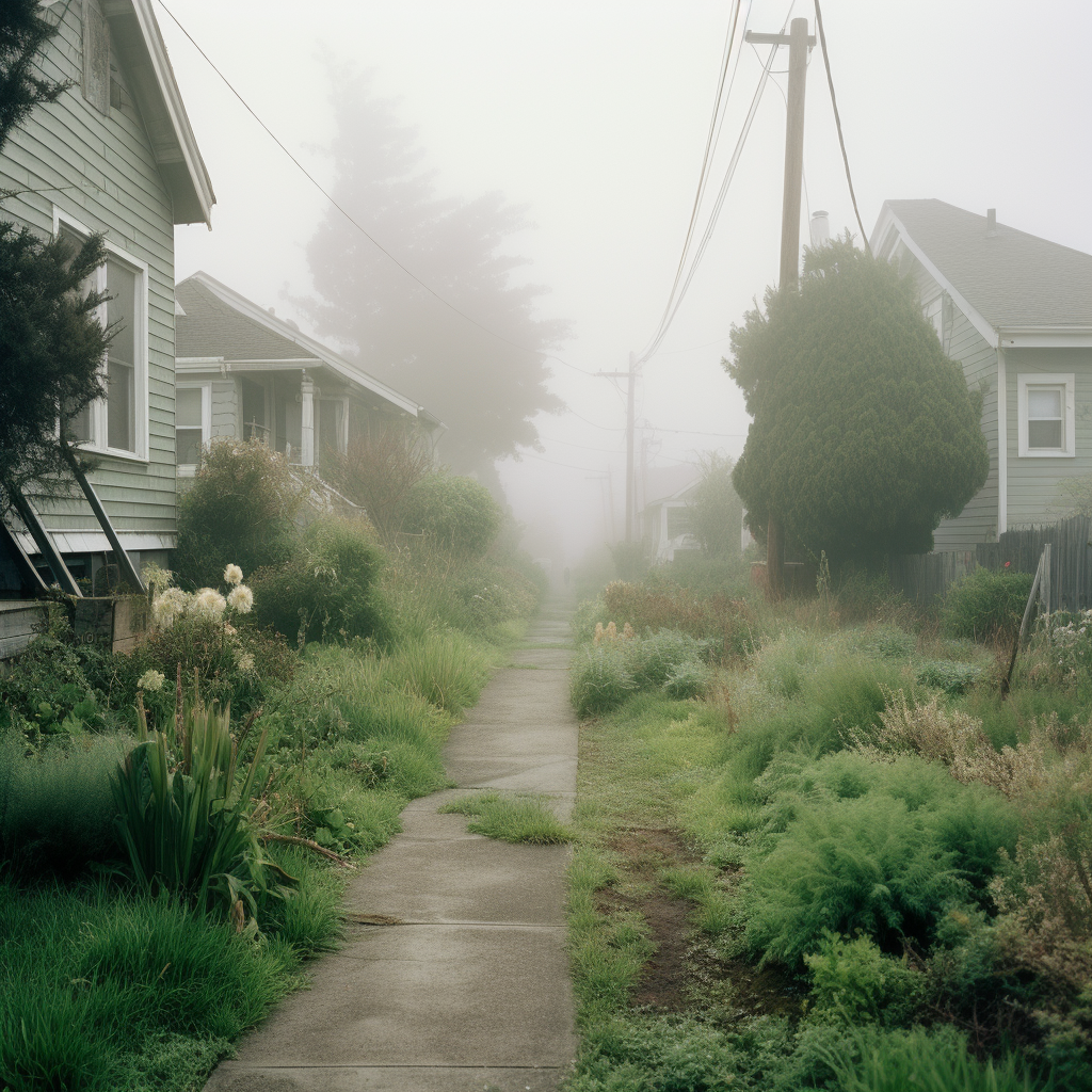 Vintage neighborhood covered in fog