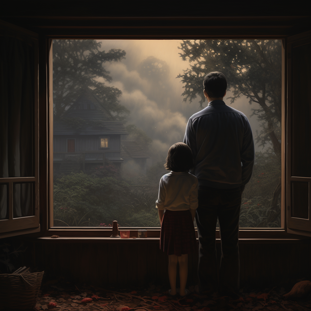 Parents gazing through foggy window, kids playing outside.