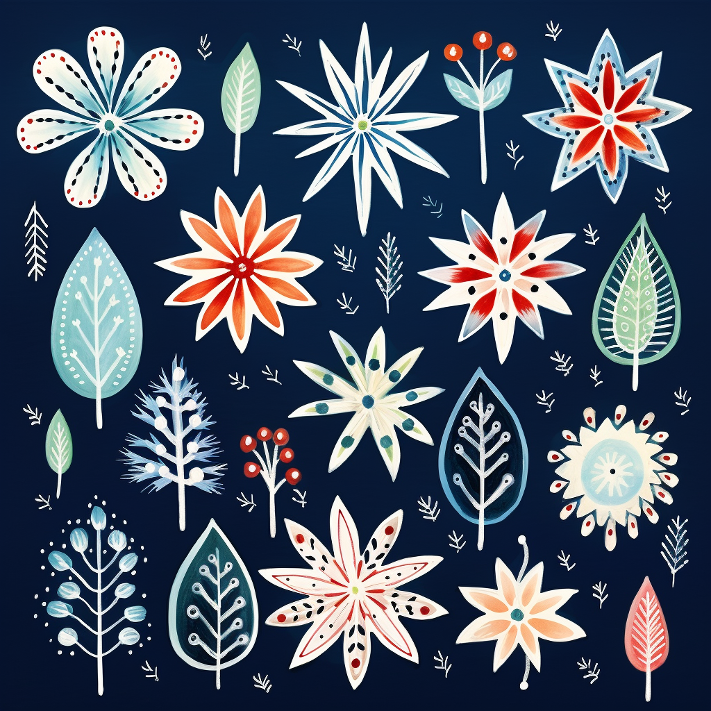 Festive hand-painted folk art Christmas snowflakes