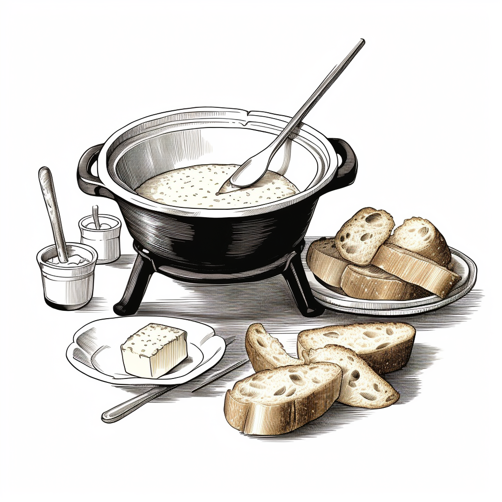 Fondue with Cheese and Bread Drawing