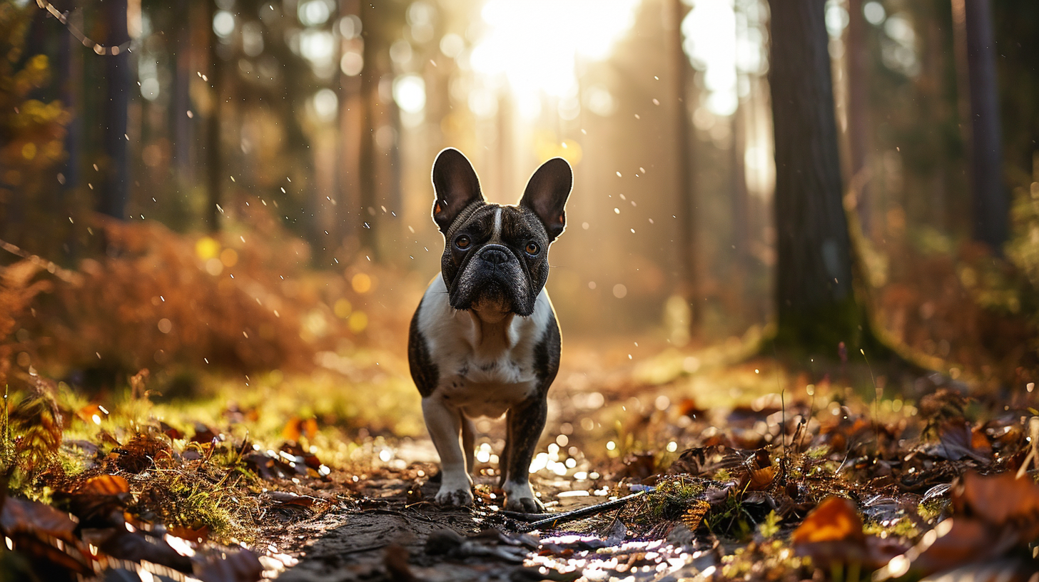 French Bulldog enjoying a walk in the forest