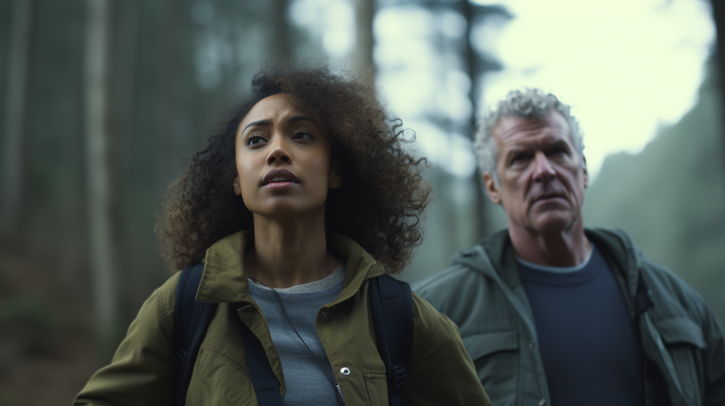 Biracial woman and older man walking through forest