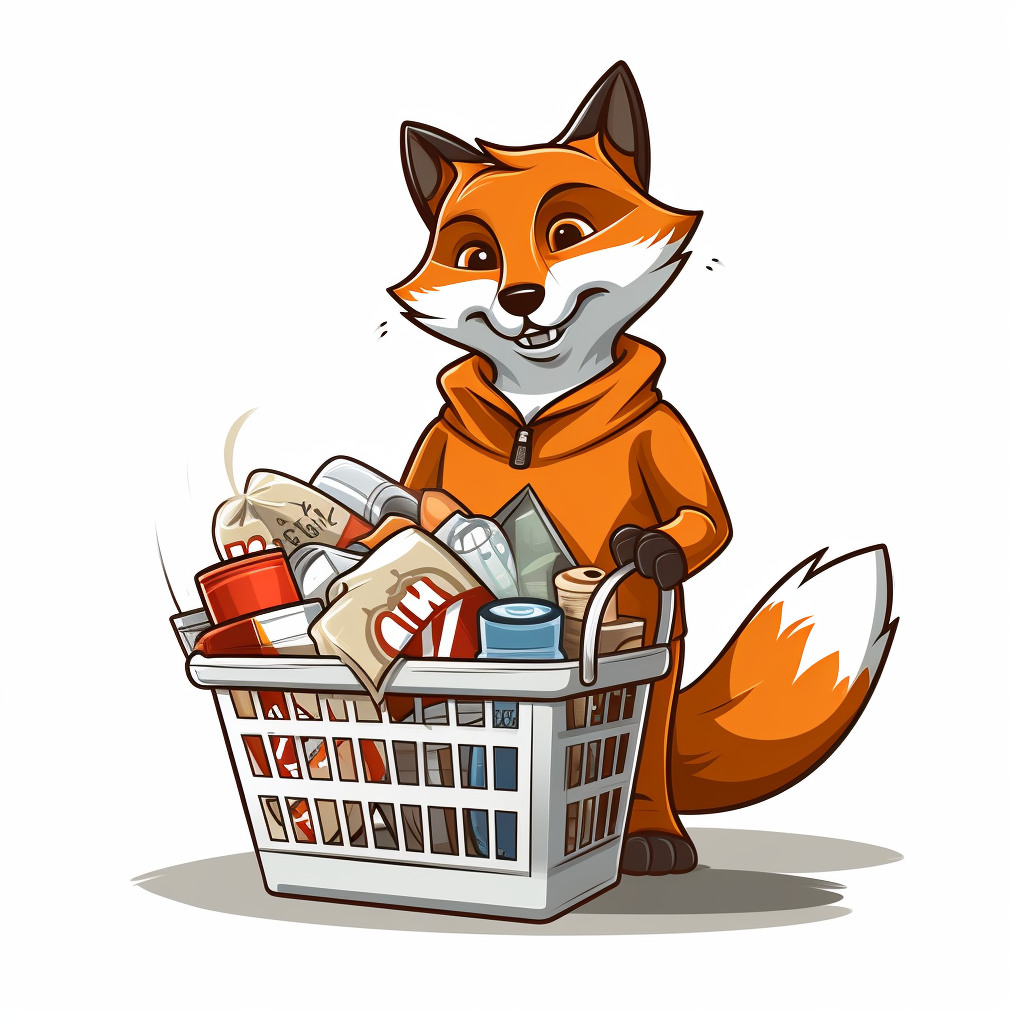 Cartoon fox with basket of cans