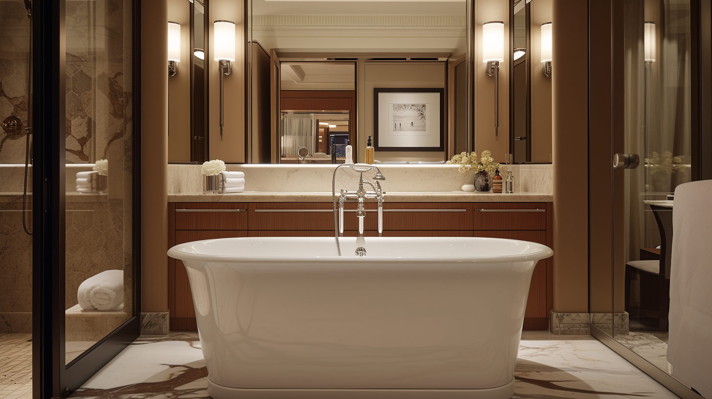 Freestanding soaking tub on marble vanity