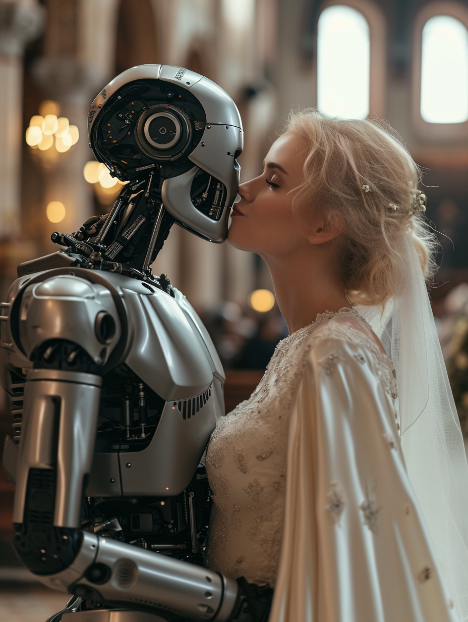 French kiss T-800 robot hugging blonde woman