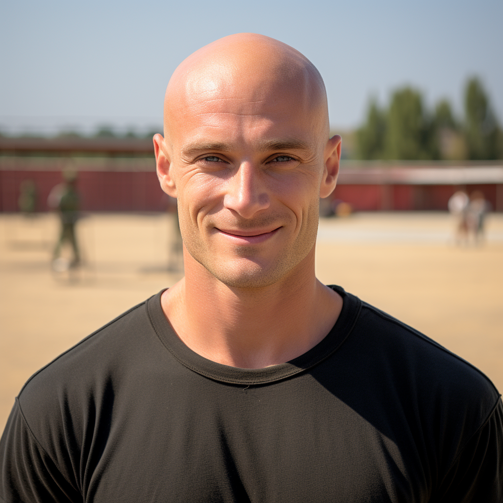 Smiling French Pale Man on Military Training Ground