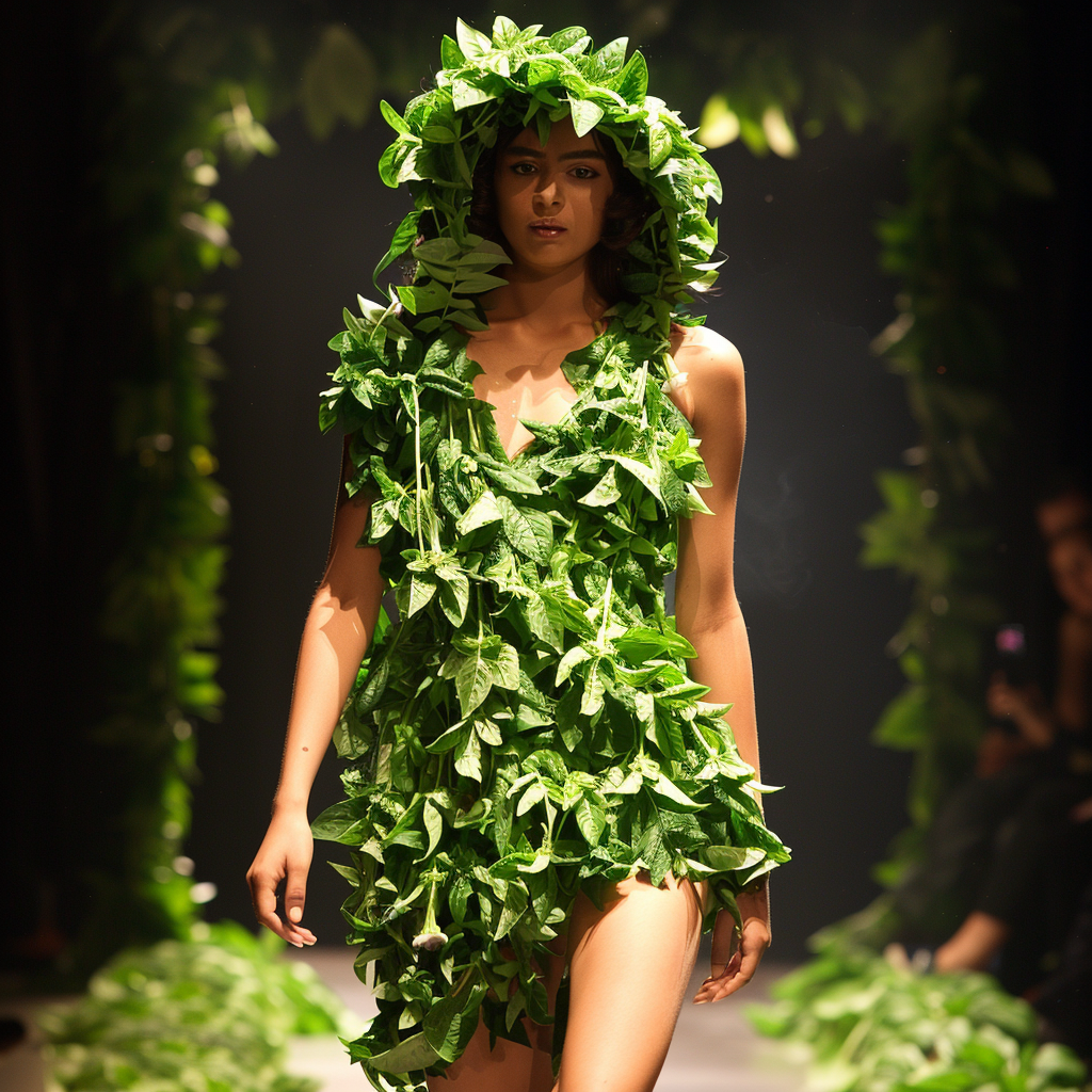 Models in basil leaf couture