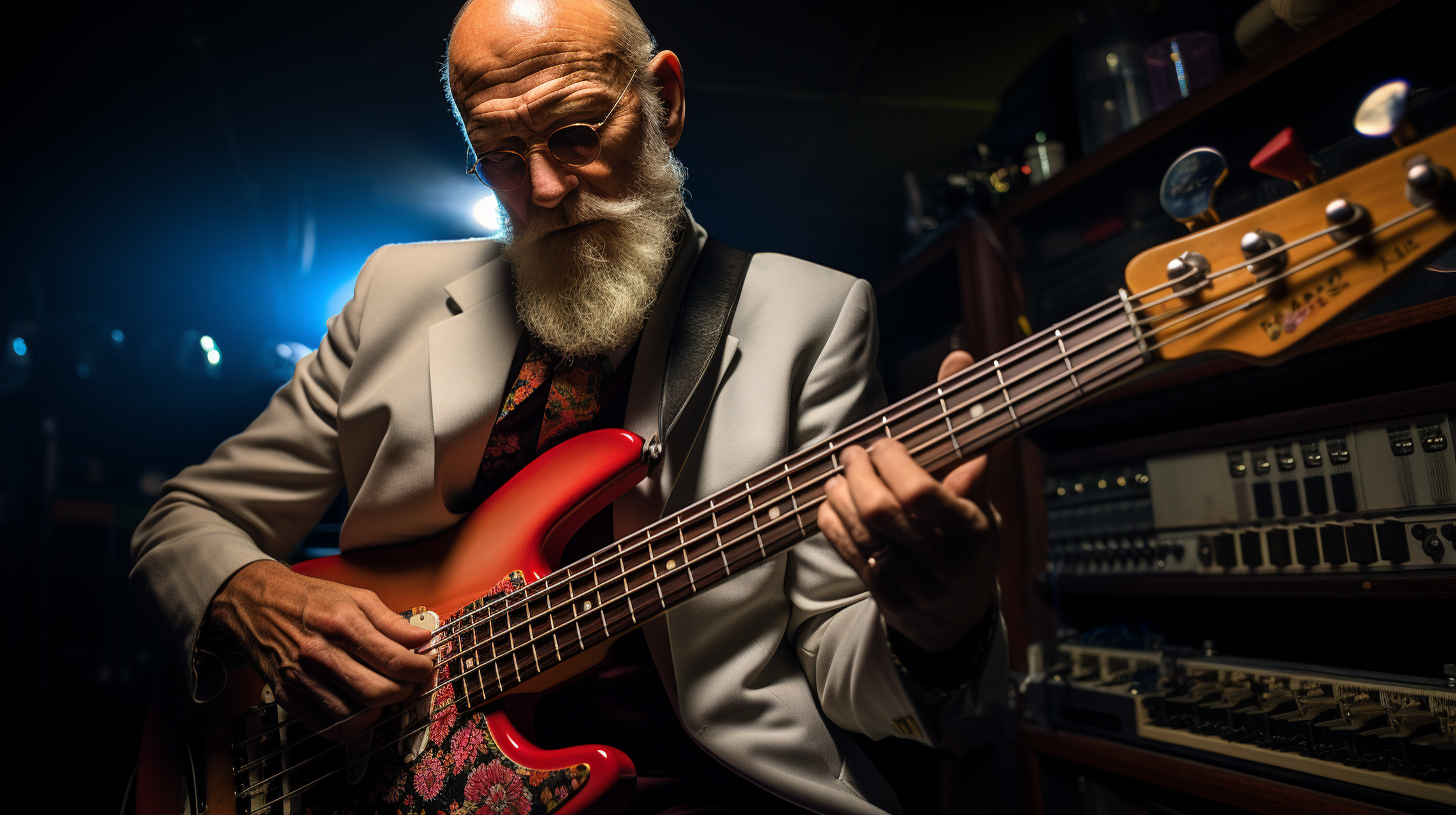 Sigmund Freud playing bass guitar with Pink Floyd