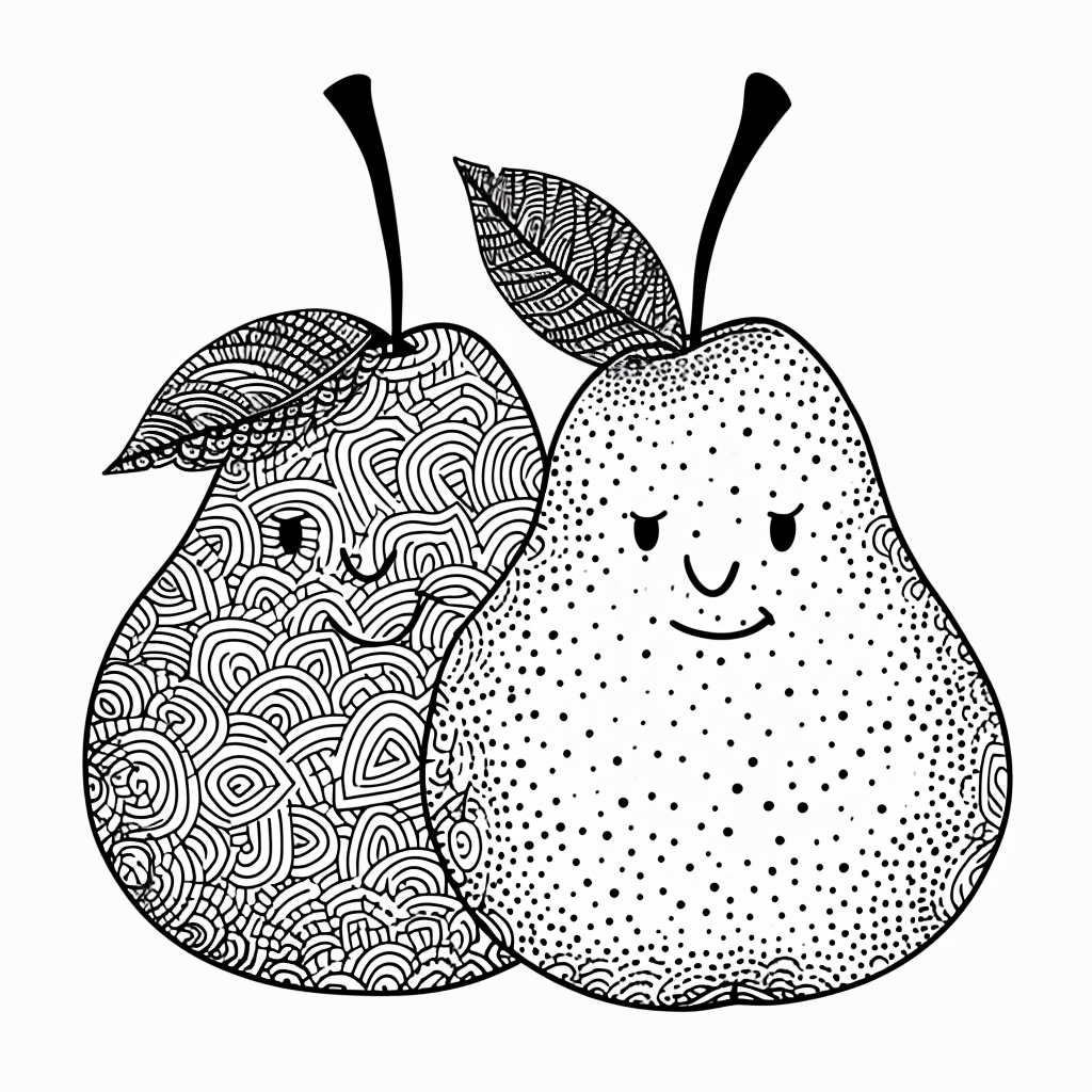 Minimalistic black and white coloring picture of friendly pears