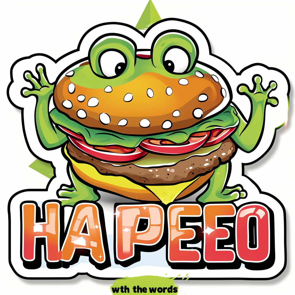 Cartoonish colorful frog eating hamburger sticker