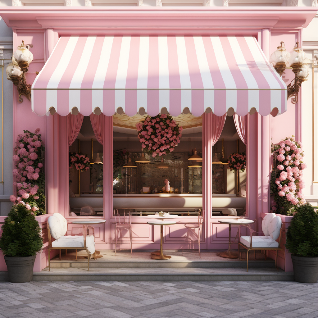 Charming cafe bar with pink hues and greenery