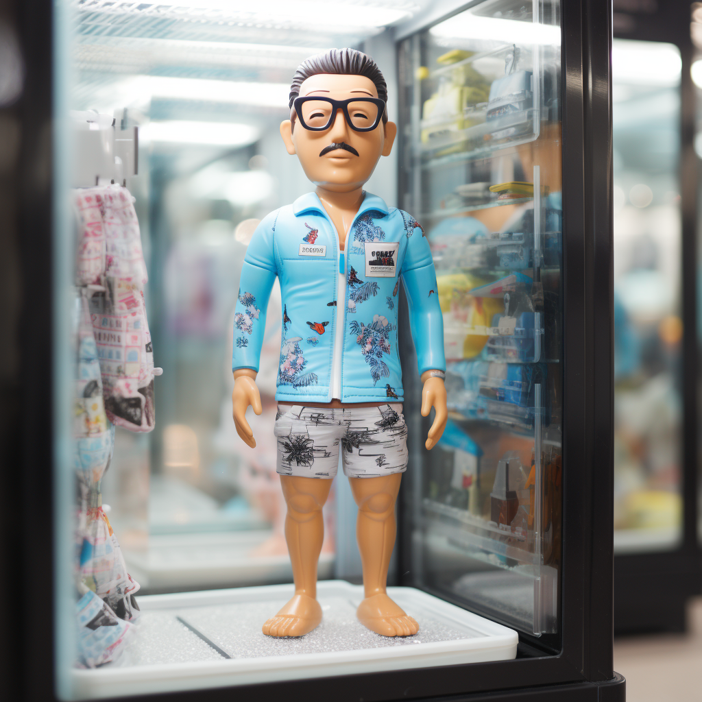 Miniature frozen Japanese man in swim trunks in vending machine