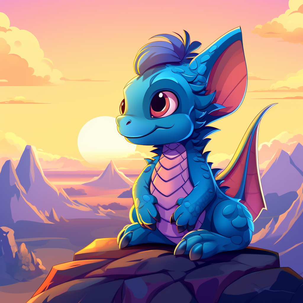 Funky blue dragon watching sunrise on mountain