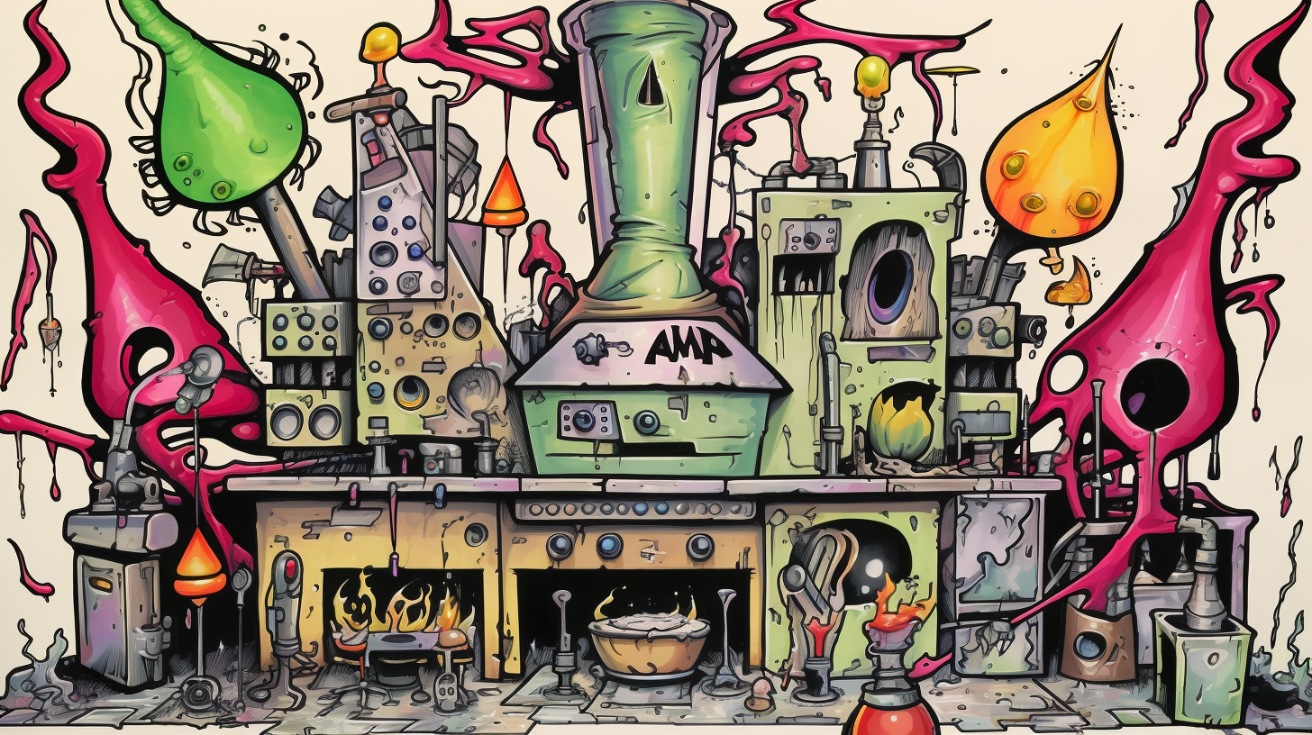 Cartoonish marker drawing of funny odd tekno alchemic lab