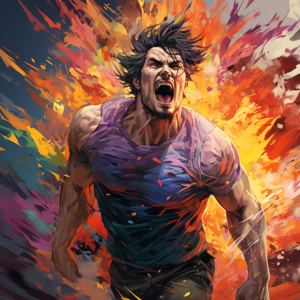 Muscular anime man running in hellish brick backdrop