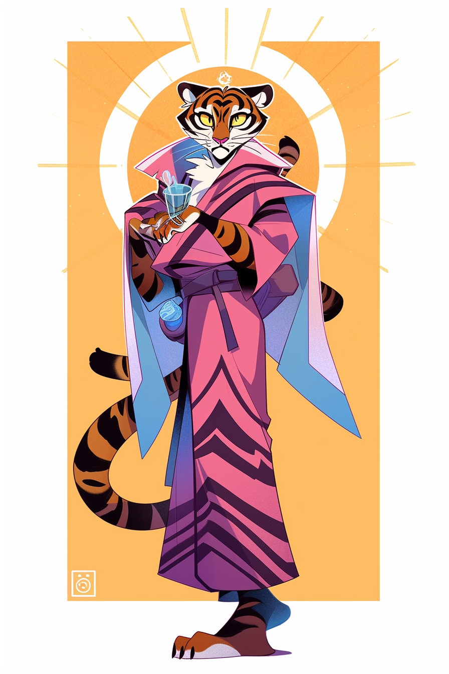 Furry tiger superhero wearing ninja outfit in Art Deco style