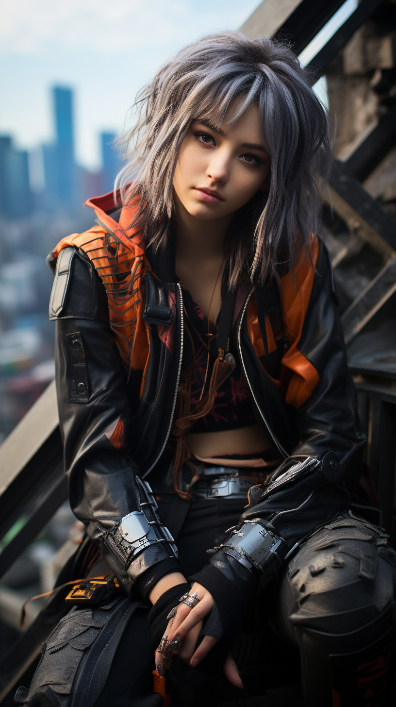 Woman with Cyberpunk Style on Rooftop