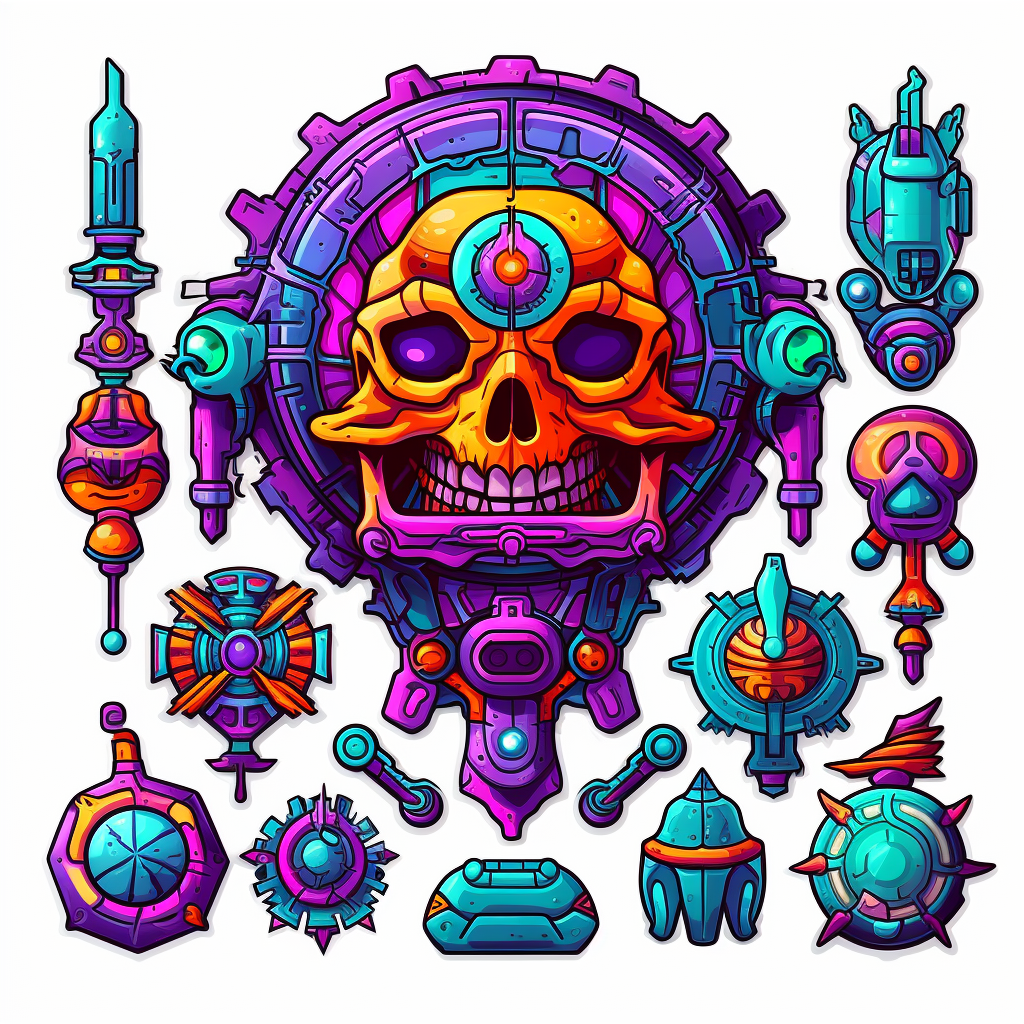 Futuristic ancient artifacts sticker in vibrant colors