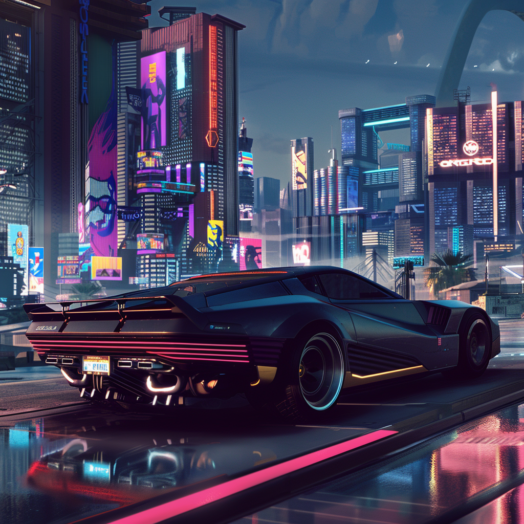 Futuristic Cadillac Cruising Neon Cityscape