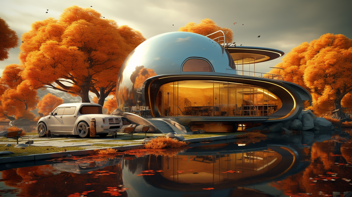 Futuristic Car Repair Shop in Autumn with Sunset