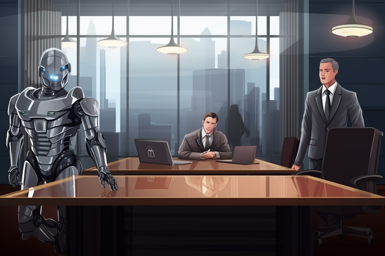 Futuristic Courtroom with Judge, Convict, and Lawyer