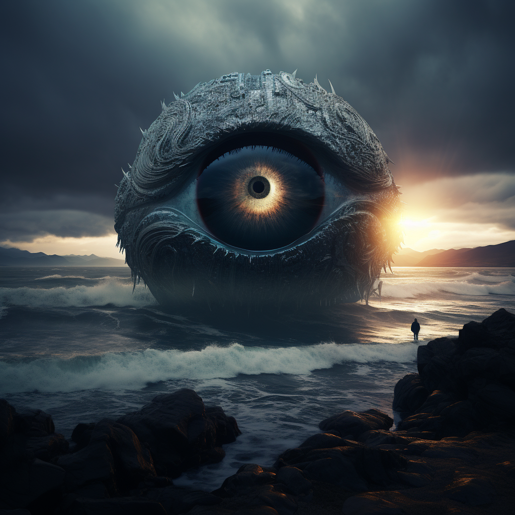 Futuristic landscape with huge eyes, ocean, cinematic lighting