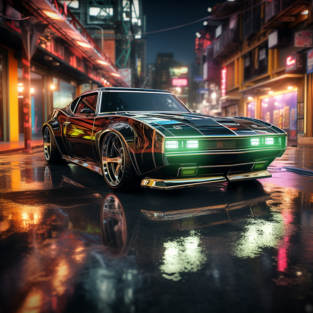 Futuristic muscle car with dew reflections