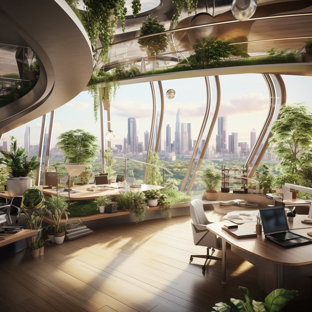 Futuristic office with live plants and wood furniture