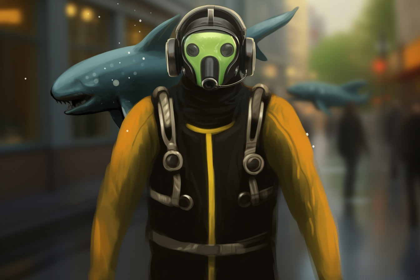 Futuristic orca wearing spacesuit swimming in space