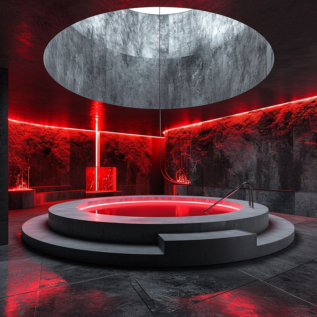 Neon red luxury spa room with circular pool