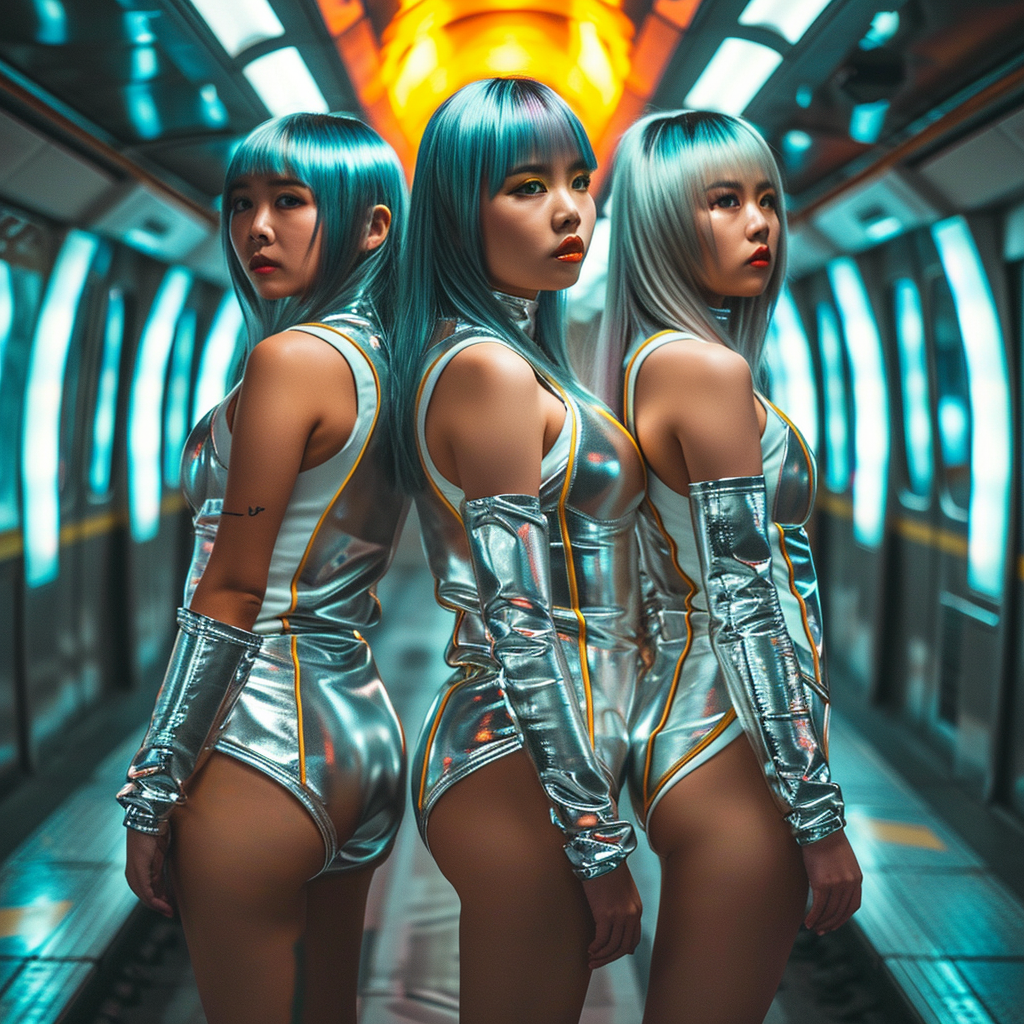 Three Gorgeous Asian Robots Girls in Futuristic Bullet Train