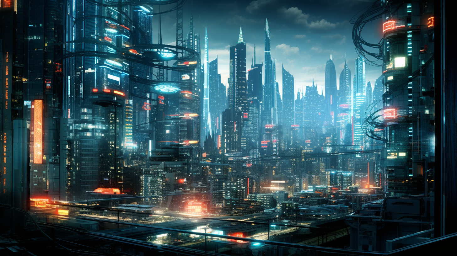 Detailed futuristic city with fluorescent lights