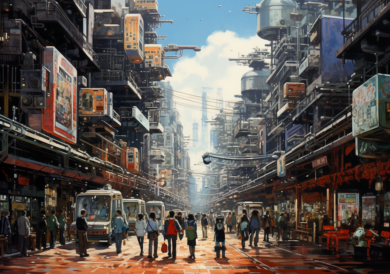 Artistically painted futuristic Tokyo street with robots