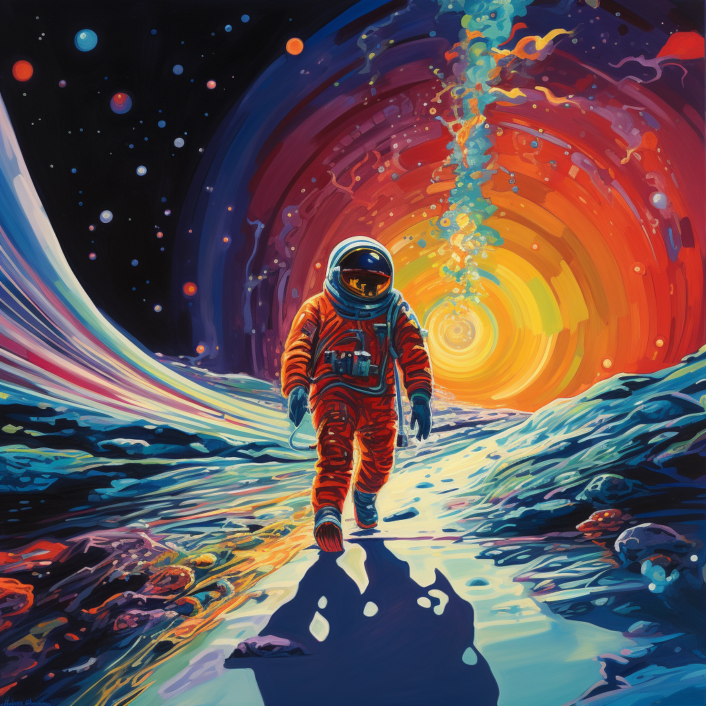 Roaming cosmonaut in psychedelic space journey