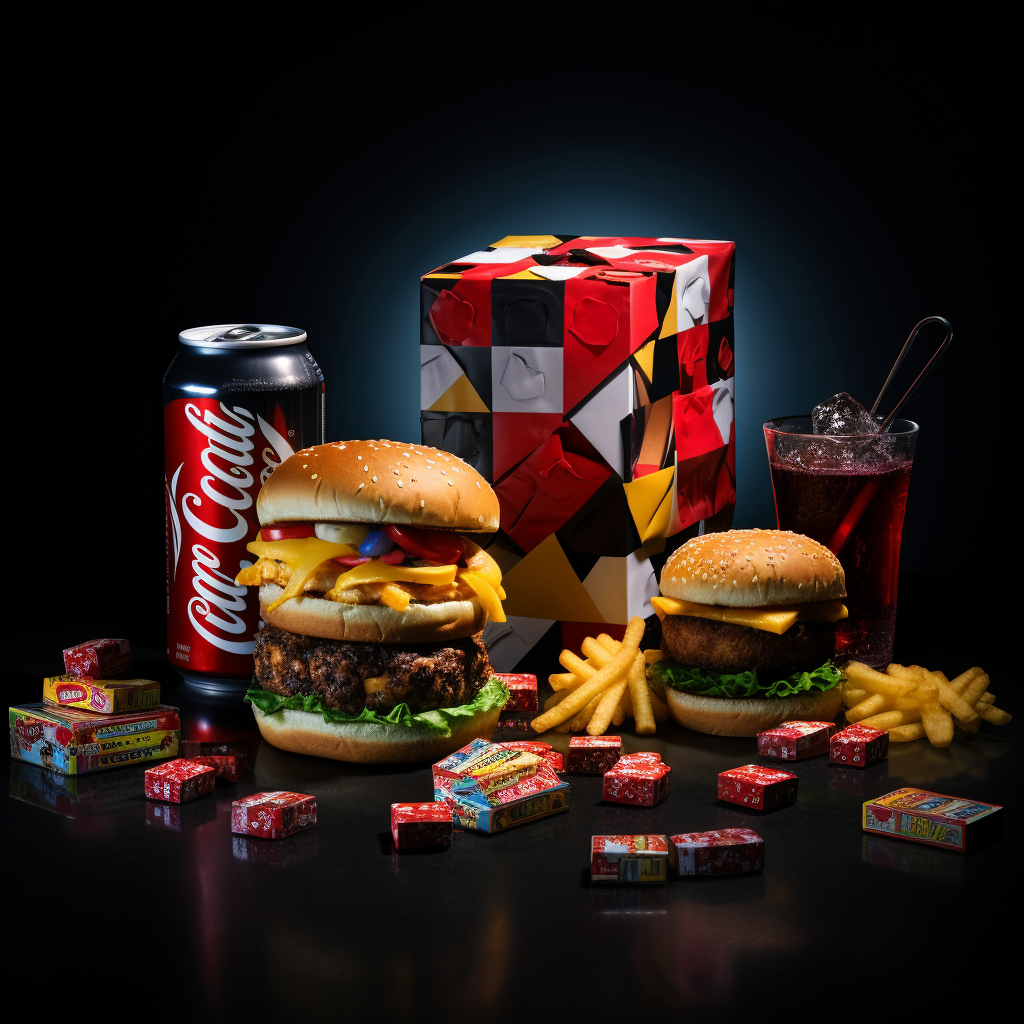 Photorealistic image of Gan Rubix cube, coke, burger, and movie tickets