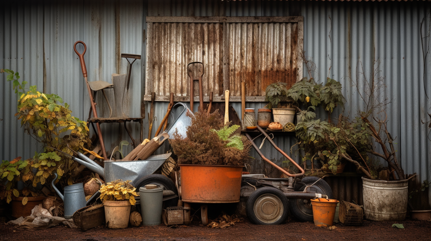 Rusty shed with garden tools