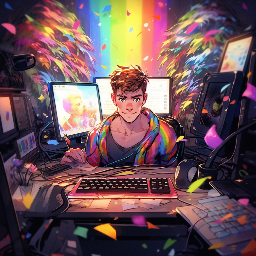 Colorful keyboard and mouse used by a gay male Twitch streamer