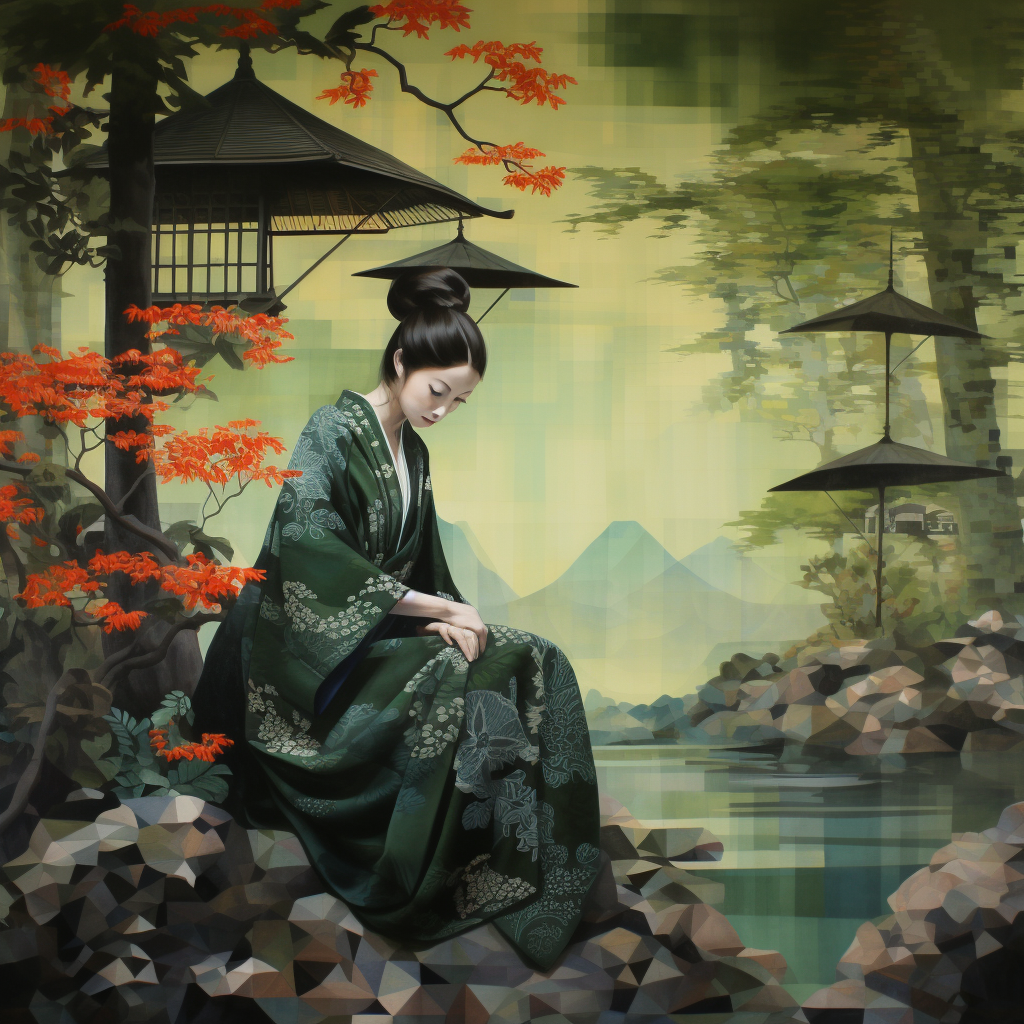 Geisha in green rural environment with trees and shrubs