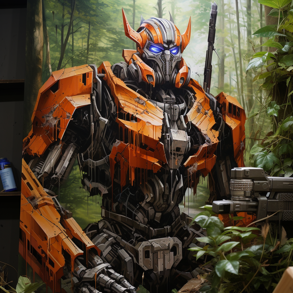 Green and Orange 3D Transformer in a Forest River